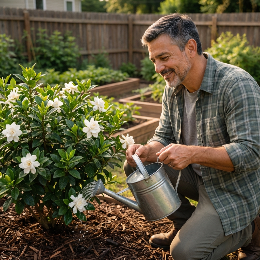 A gardener watering a mulched gardenia shrub in the morning light