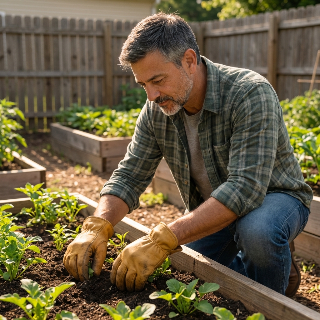 A gardener wearing gloves and long sleeves working in a vegetable bed on a sunny day