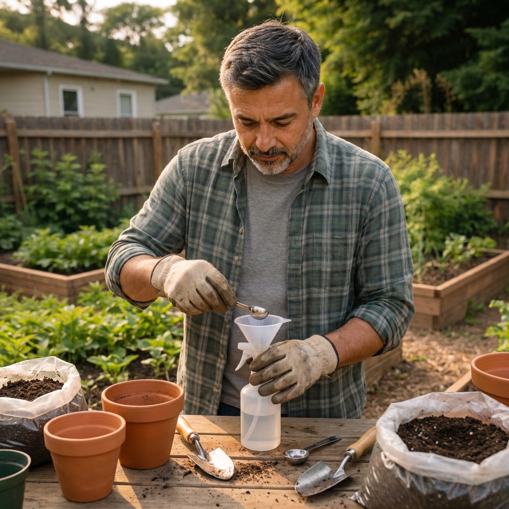 A gardener wearing gloves mixing a small spray bottle outdoors on a potting bench