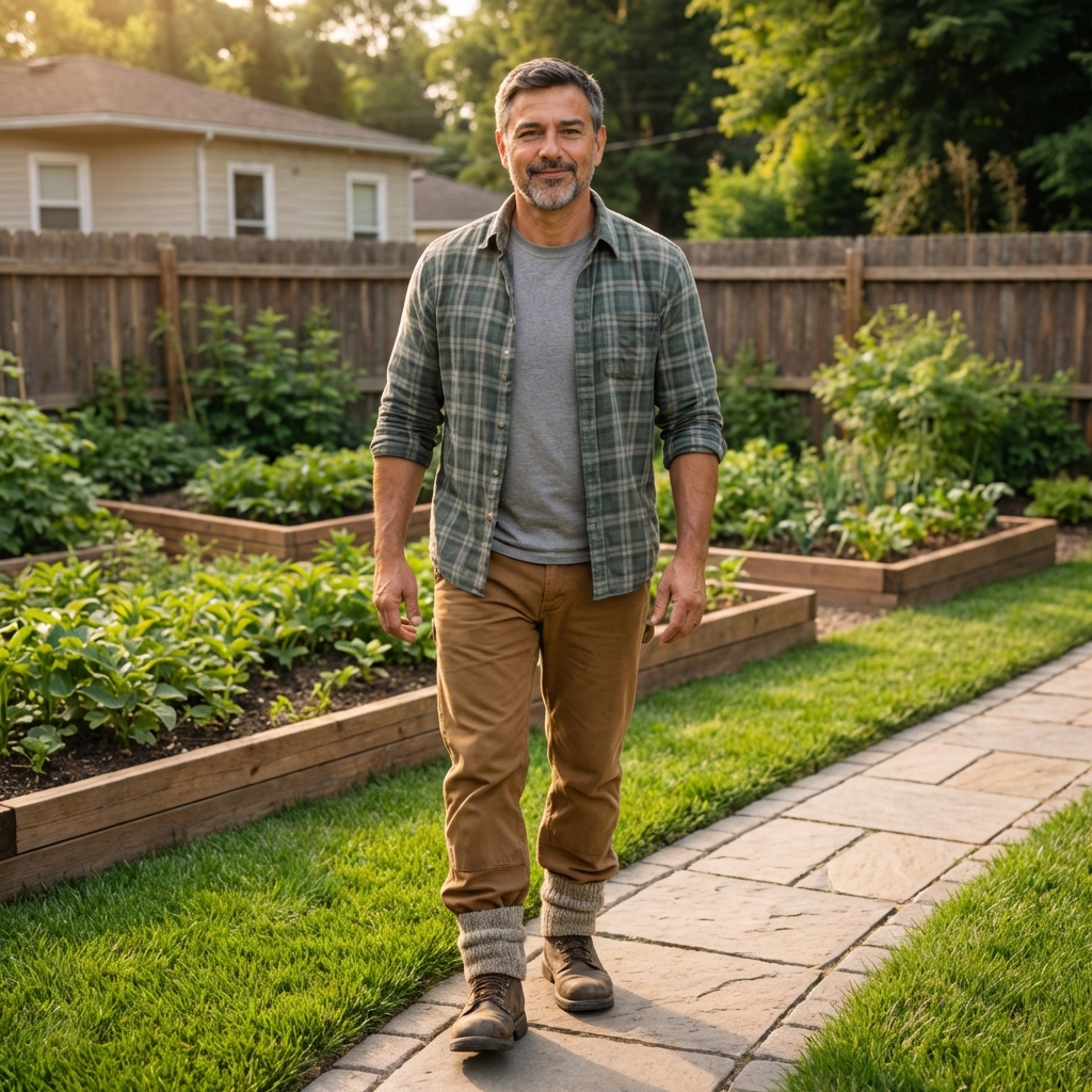 A gardener wearing long pants and tall socks walking beside a neatly edged garden path with trimmed grass