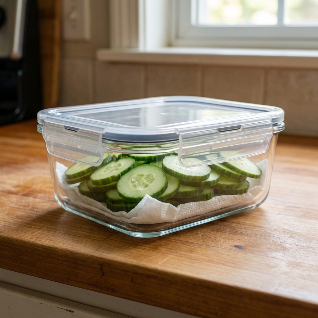 A glass food storage container holding sliced cucumbers with a paper towel lining on a kitchen counter