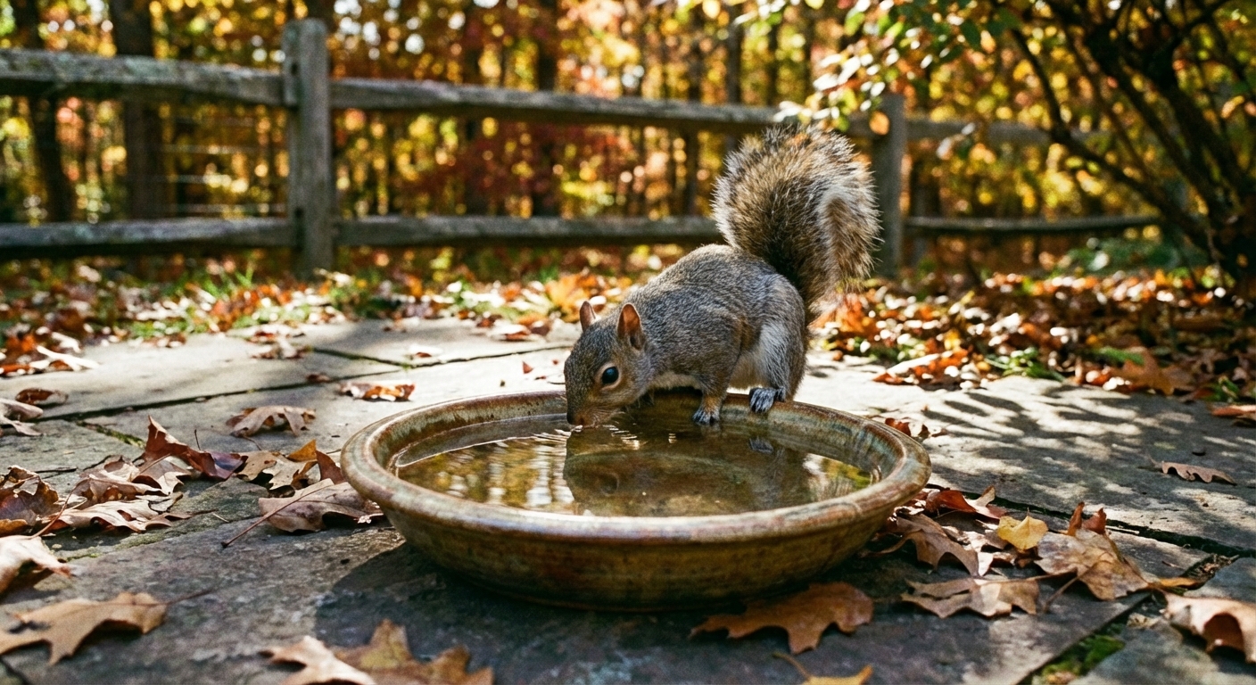 A gray squirrel drinking from a shallow water dish in the shade on a patio