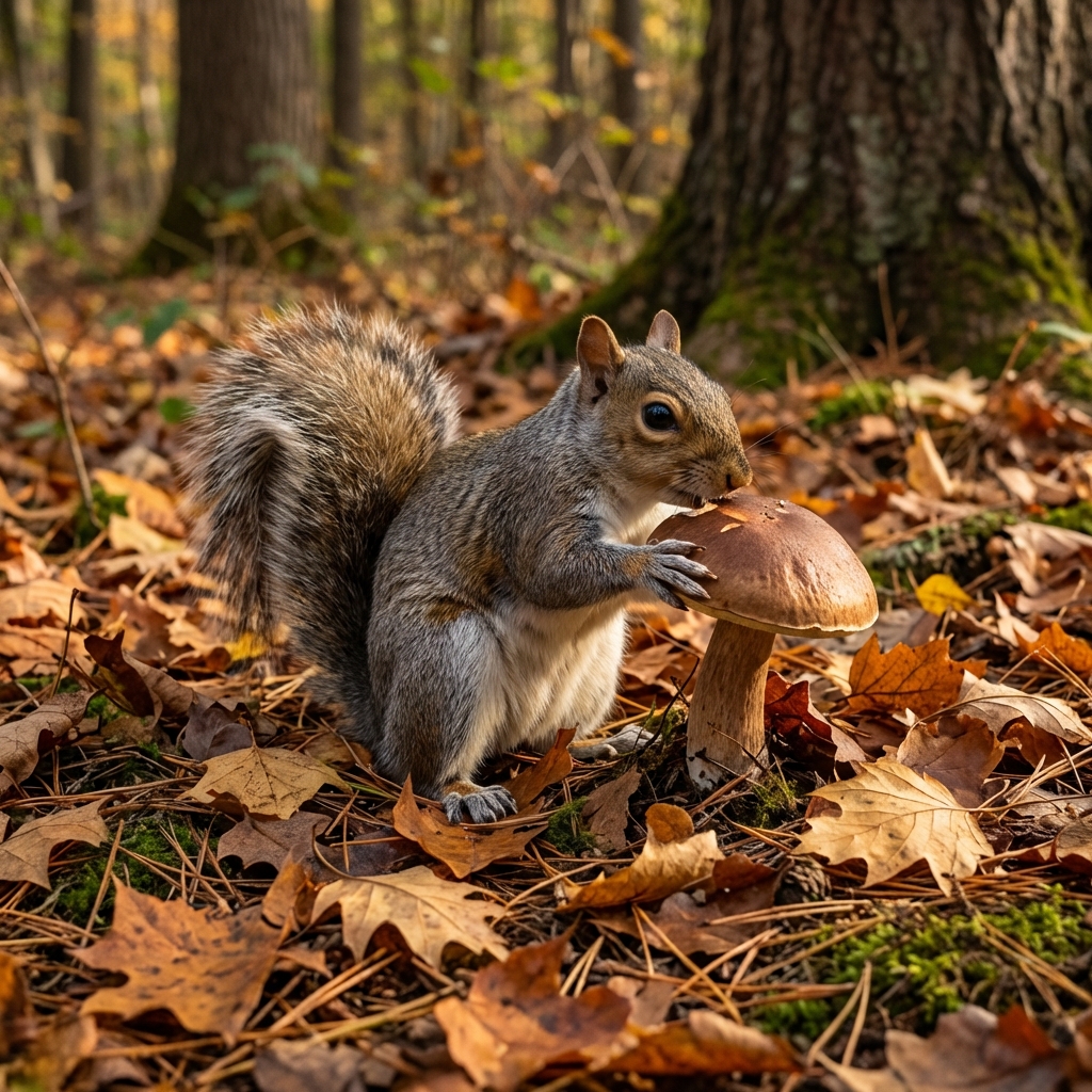 A gray squirrel holding a mushroom on a forest floor with fallen leaves