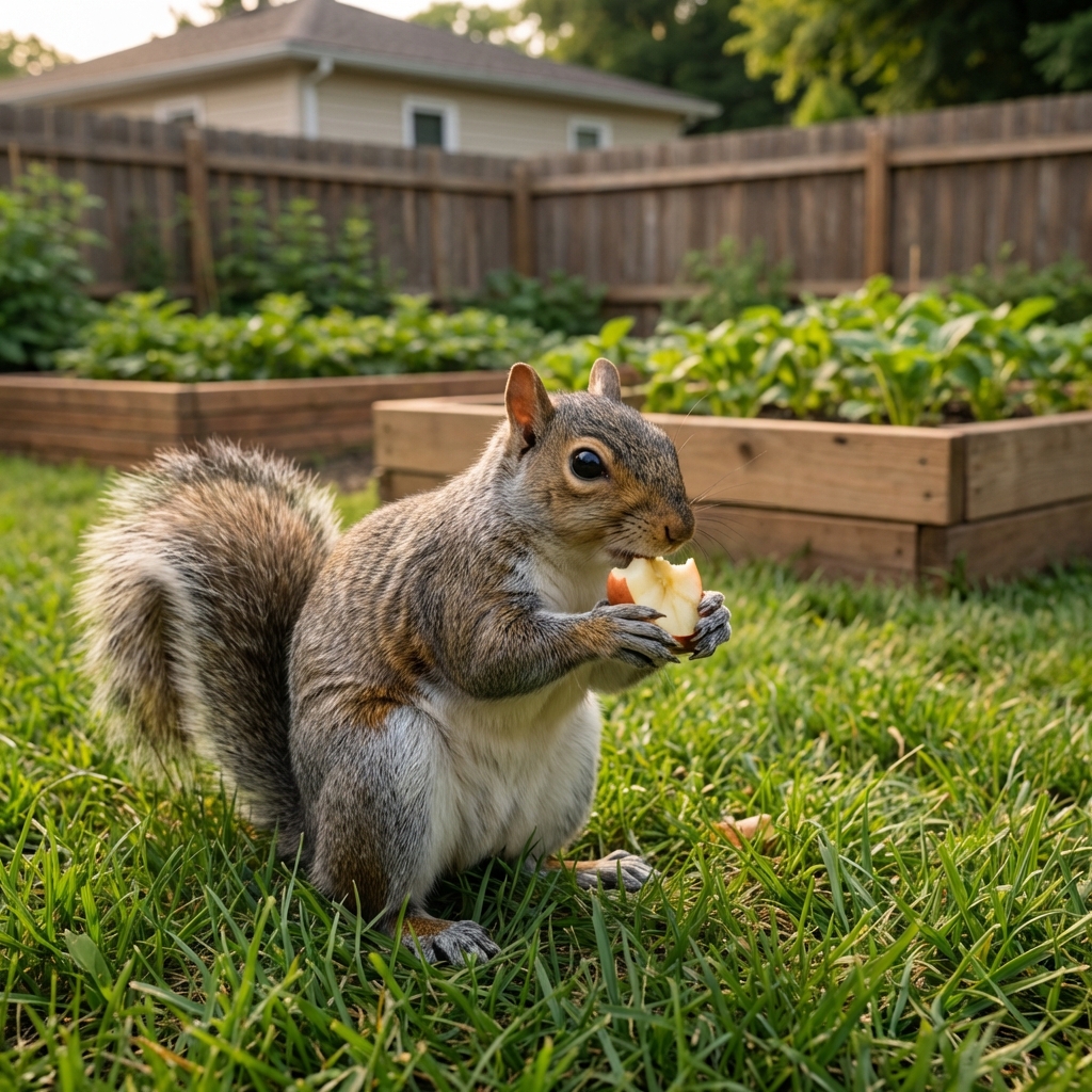 A gray squirrel on grass nibbling a small apple slice in a backyard