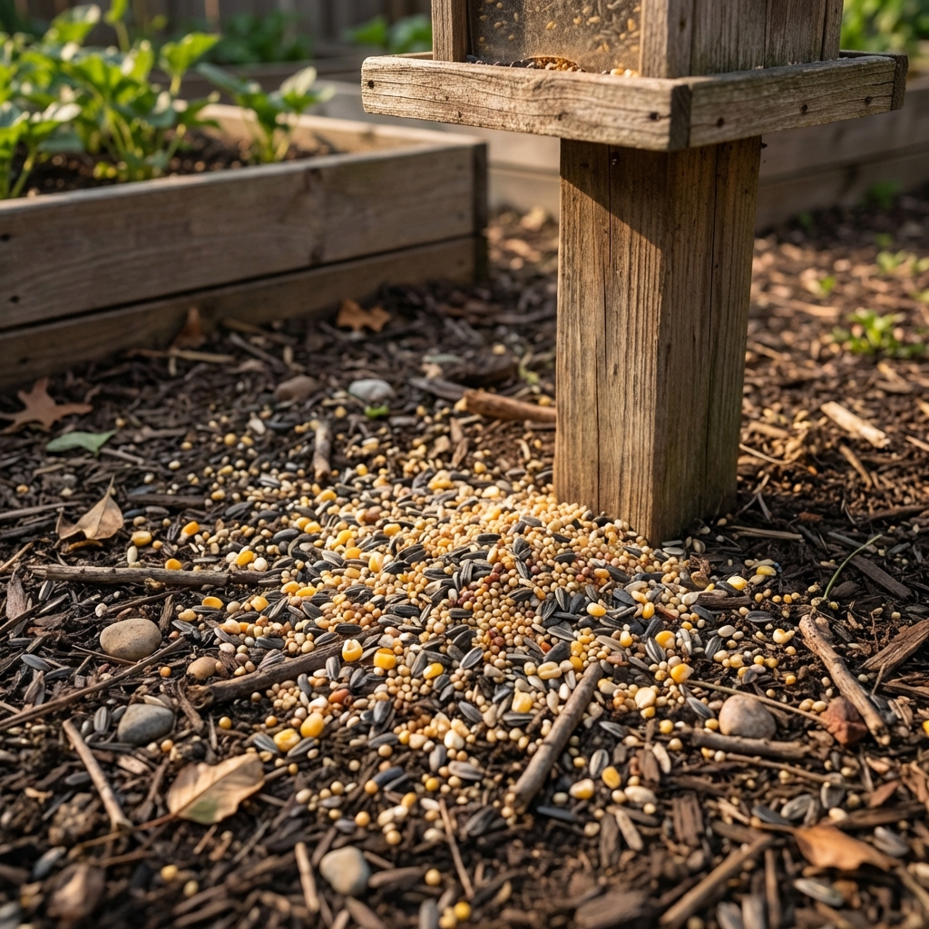 A ground-level photograph of spilled bird seed scattered beneath a backyard bird feeder