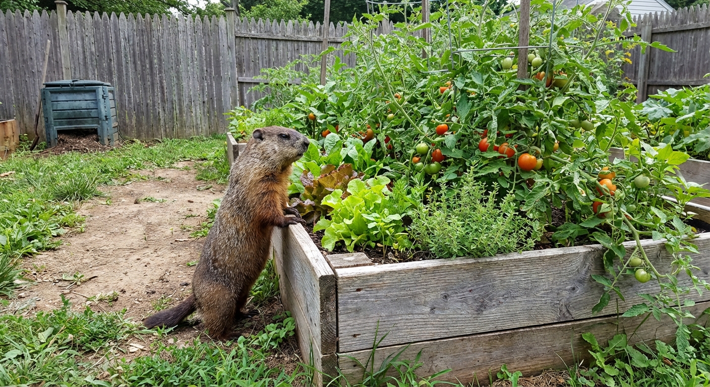 A groundhog standing near the edge of a backyard vegetable garden beside a raised bed