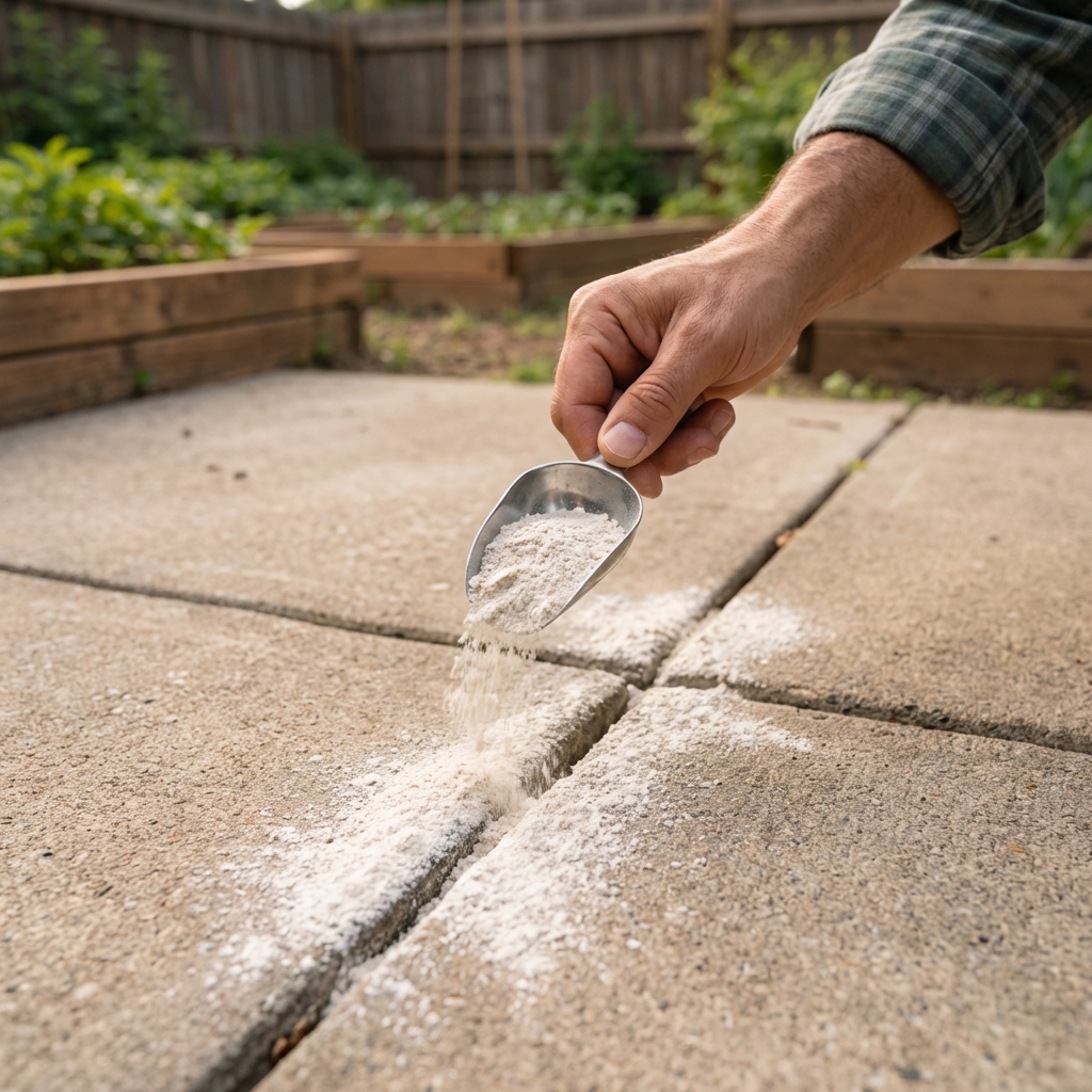 A hand applying a light dusting of food-grade diatomaceous earth along a patio crack