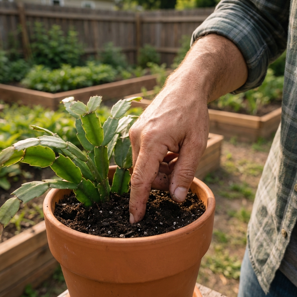 A hand checking moisture by inserting a finger into the top of the potting soil of a Christmas cactus