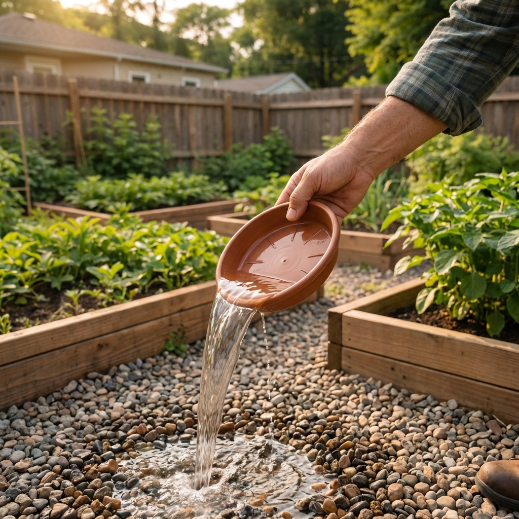 A hand dumping water from a plastic plant saucer onto a gravel area in a backyard