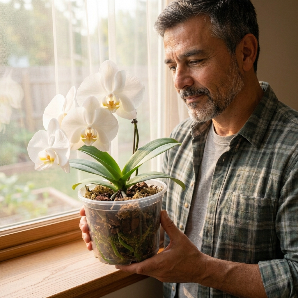 A hand holding a clear orchid pot with chunky bark mix visible around the roots