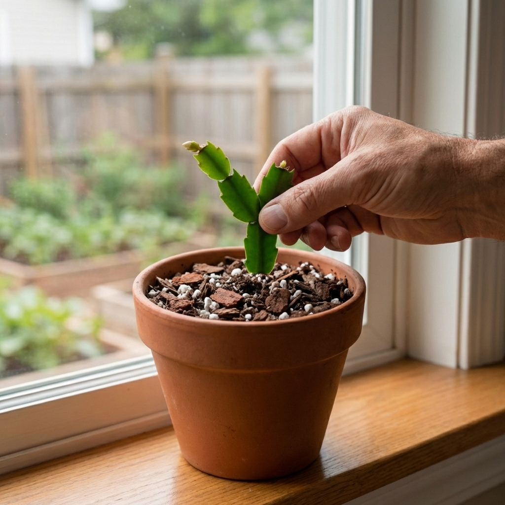 A hand holding a small Christmas cactus cutting above a pot filled with a chunky potting mix