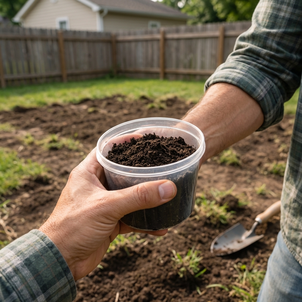 A hand holding a soil sample in a small container on a lawn prep area