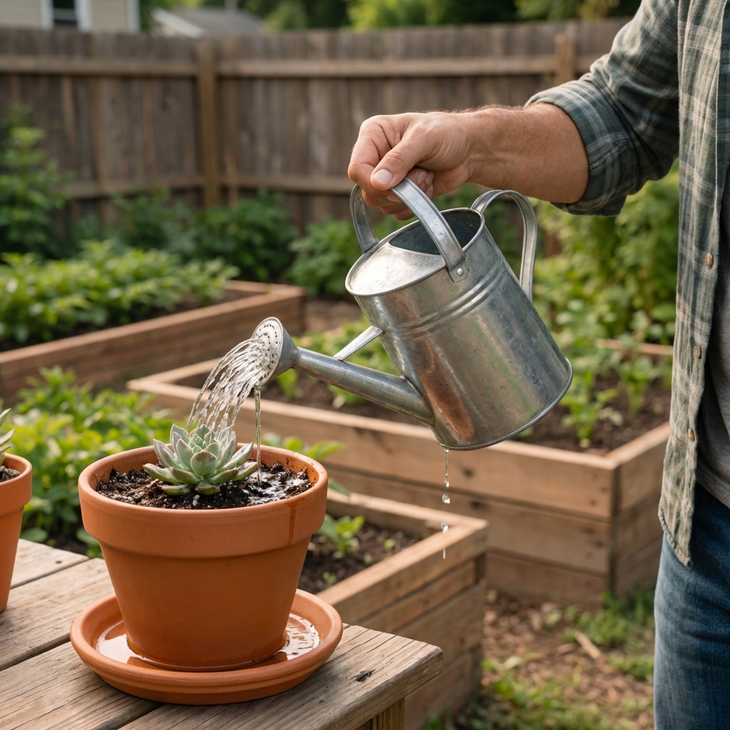 A hand holding a watering can pouring water into a terracotta pot with a succulent, with water draining into a saucer