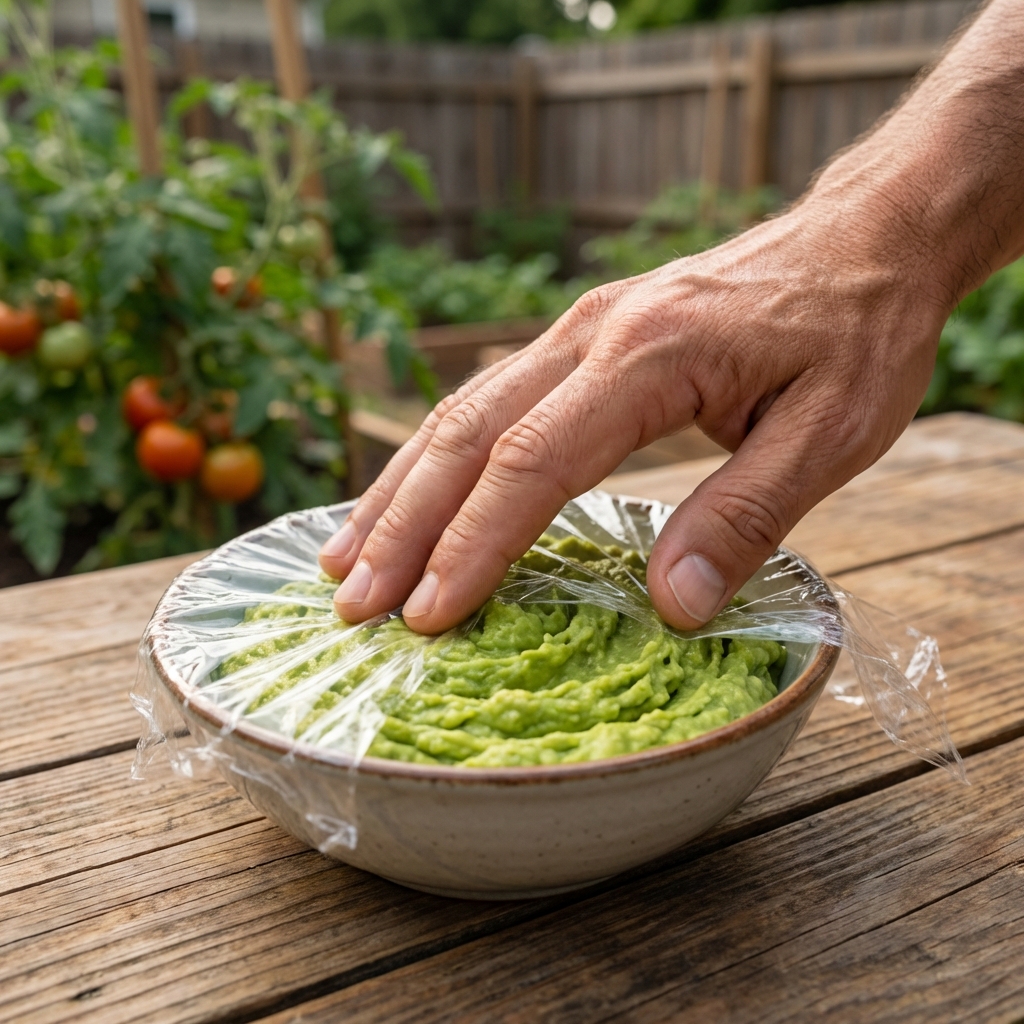 A hand pressing plastic wrap directly onto the surface of mashed avocado in a small bowl