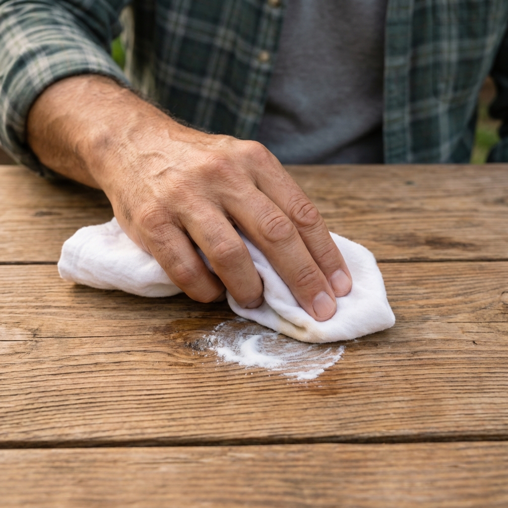 A hand rubbing a small baking soda paste spot on a wooden table using a soft cotton cloth