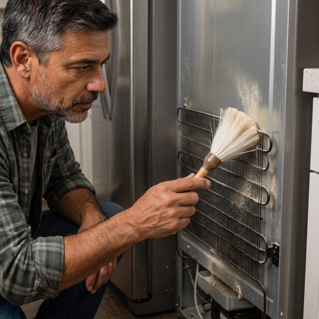 A hand using a small duster to apply a light layer of powder behind a refrigerator