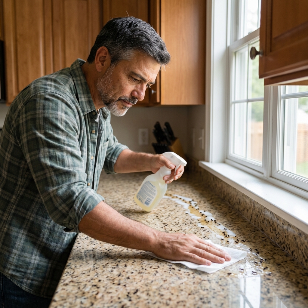 A hand wiping an ant trail on a kitchen counter using a spray bottle and paper towel