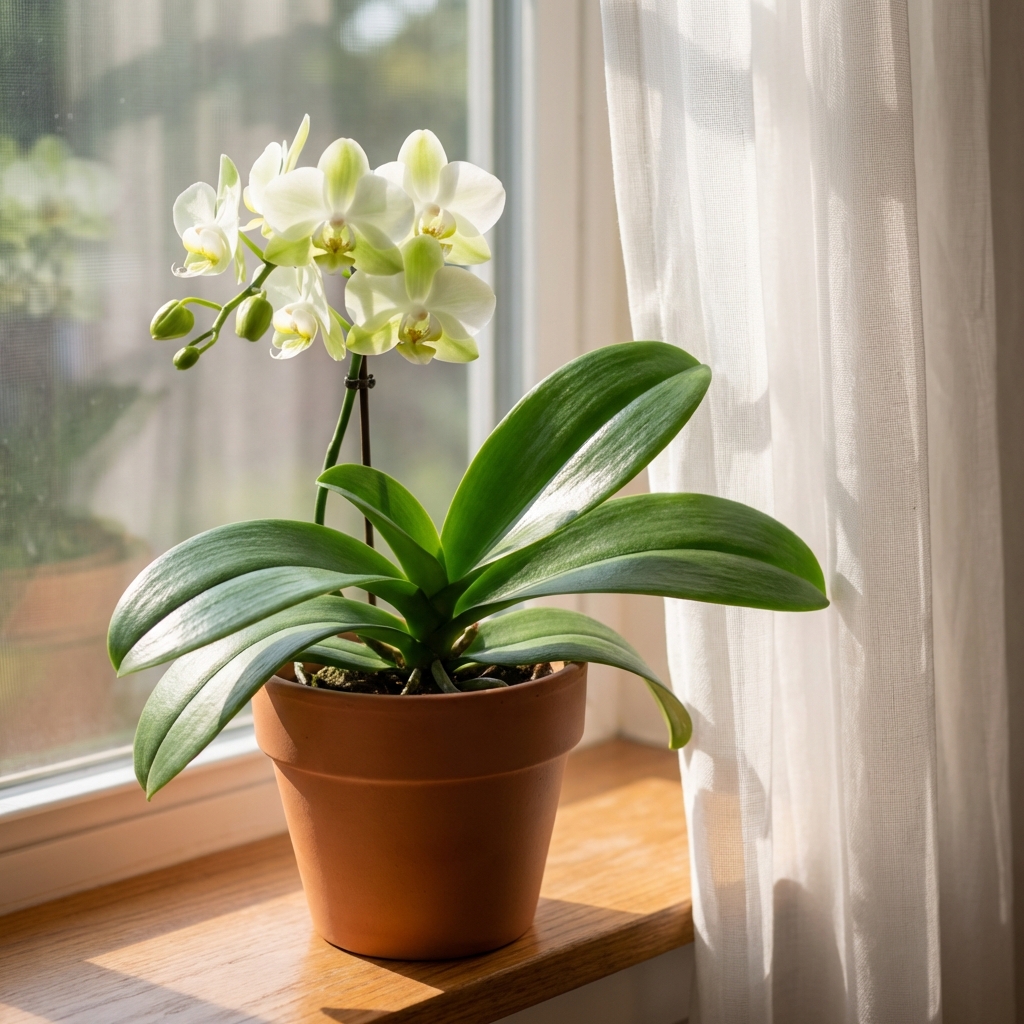 A healthy green-leaf moth orchid sitting near a bright window with a sheer curtain