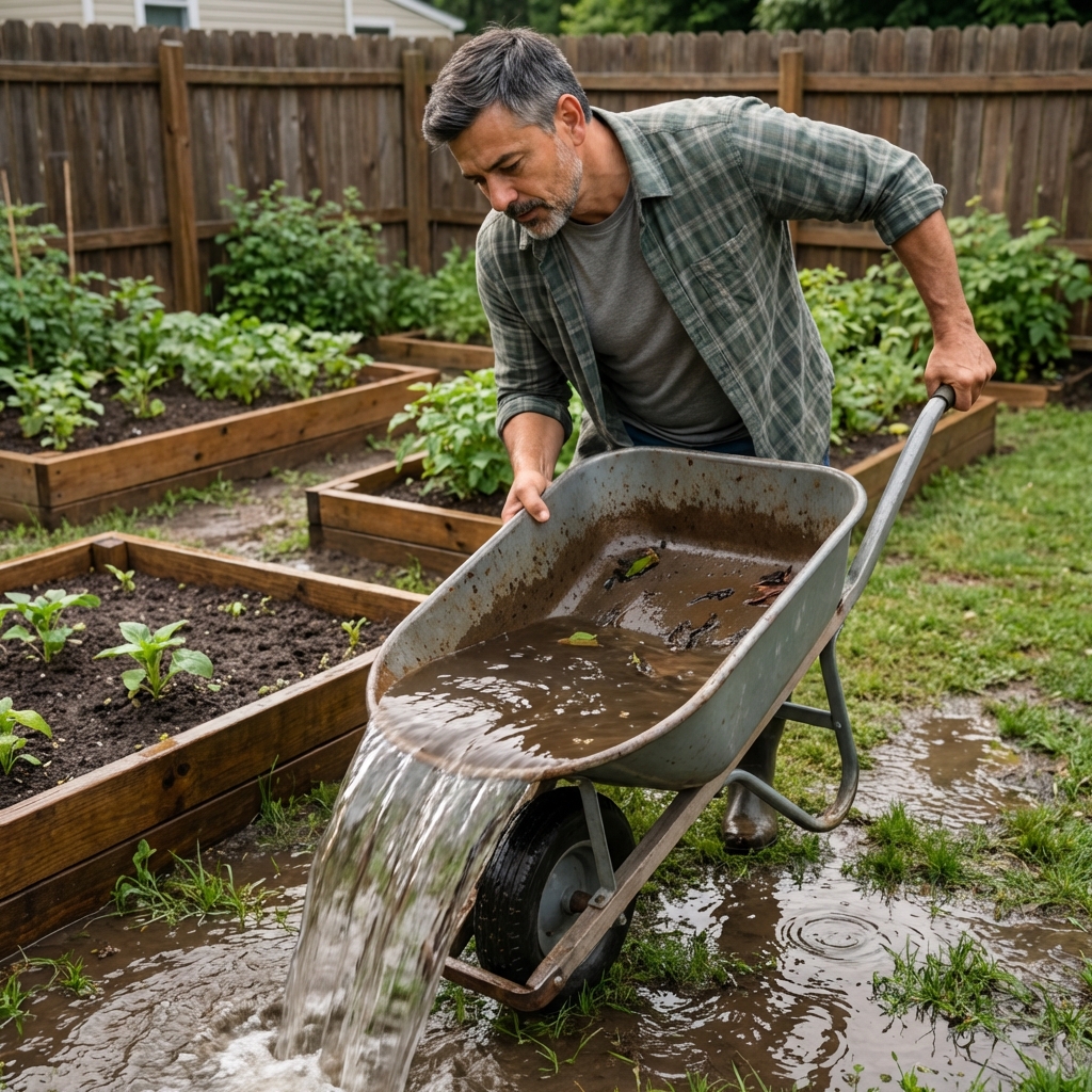 A homeowner dumping water from a wheelbarrow in a backyard after rainfall