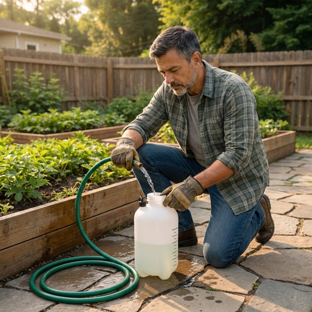 A homeowner wearing gloves pouring water into a pump sprayer on a patio next to a garden hose