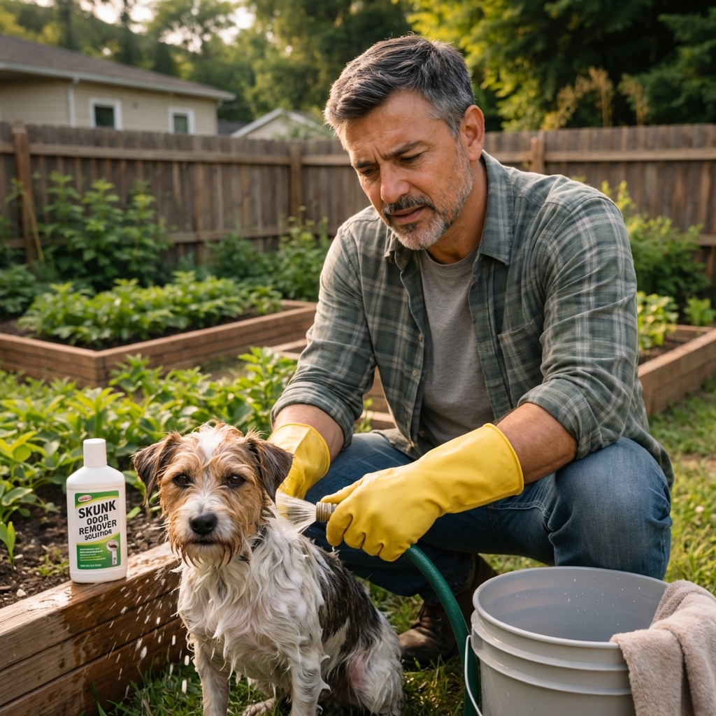 A homeowner wearing gloves rinsing a small dog outside near a garden hose after a skunk encounter
