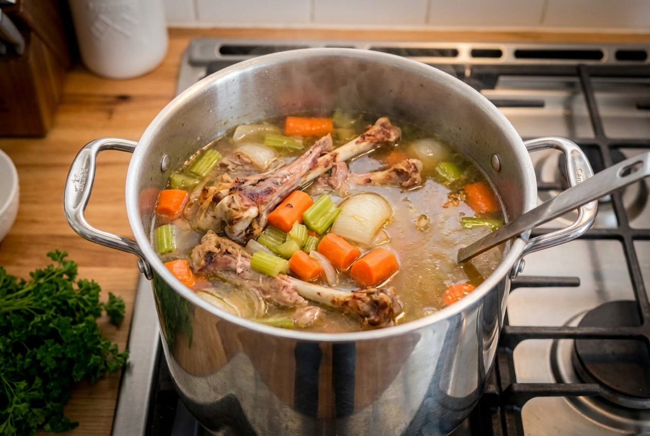 A large stockpot on a stovetop with turkey bones and vegetables simmering in broth