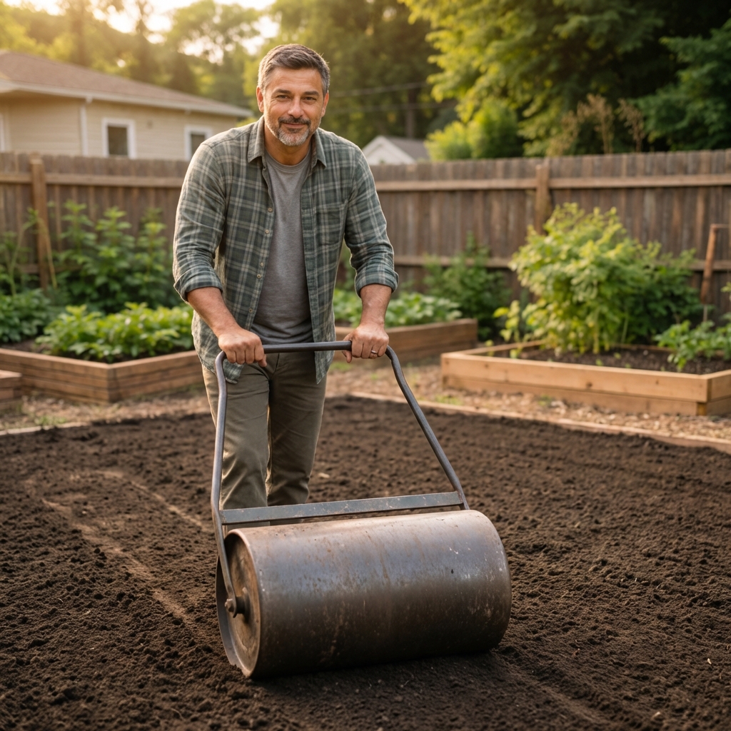 A lawn roller being used lightly on leveled soil before sod is laid