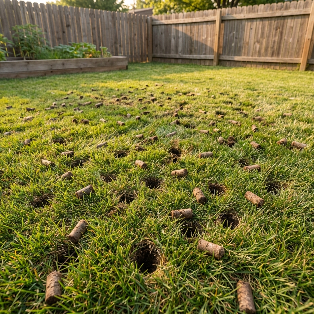 A lawn with visible aeration holes and soil plugs scattered on the grass after core aeration