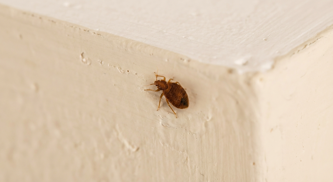 A macro photograph of a small brown bat bug-like insect on a painted wall near a ceiling corner in a home
