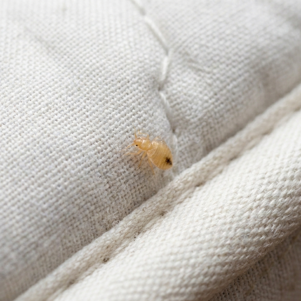 A macro photograph of a small pale bed bug nymph on light fabric