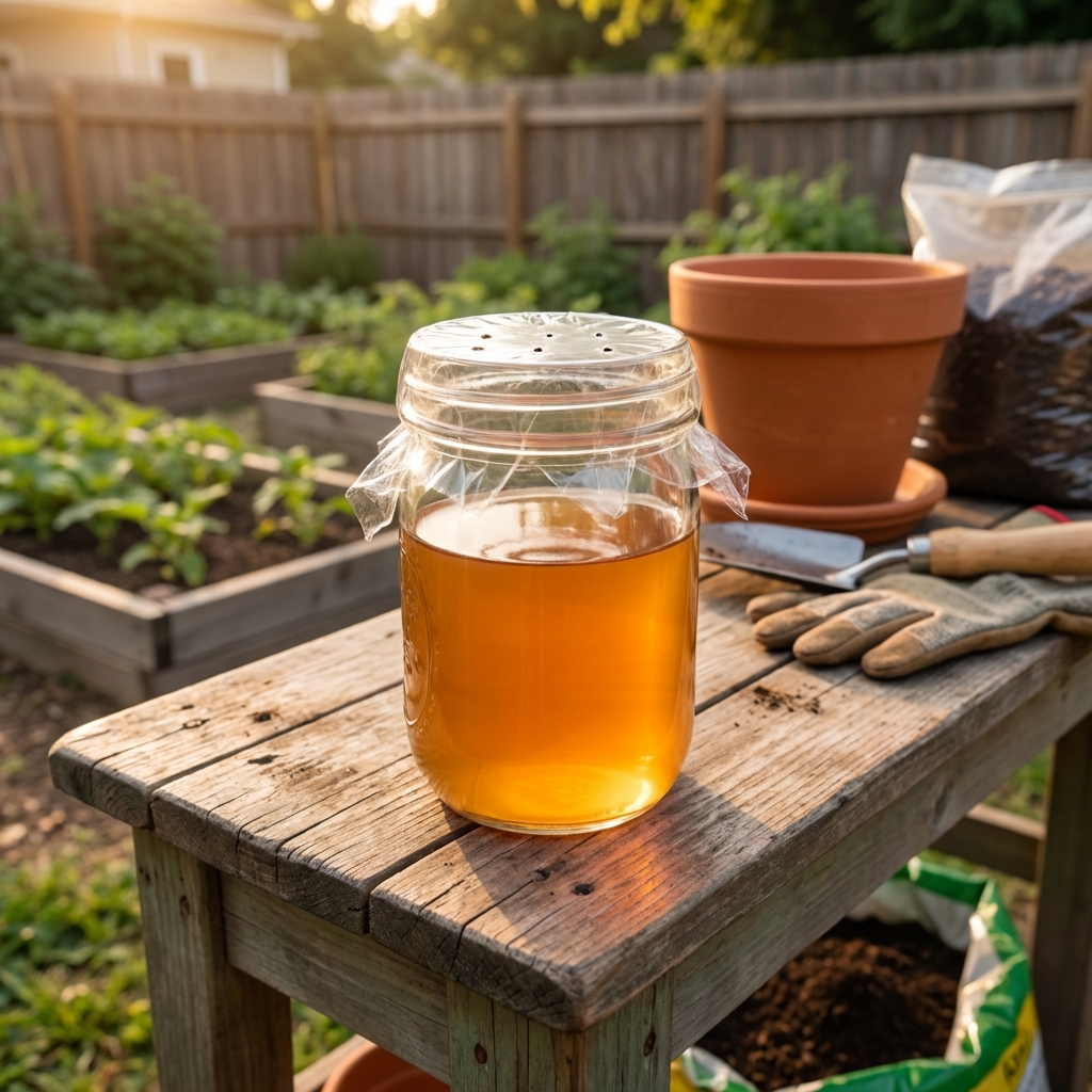 A mason jar on a potting bench covered with plastic wrap with small holes, containing apple cider vinegar