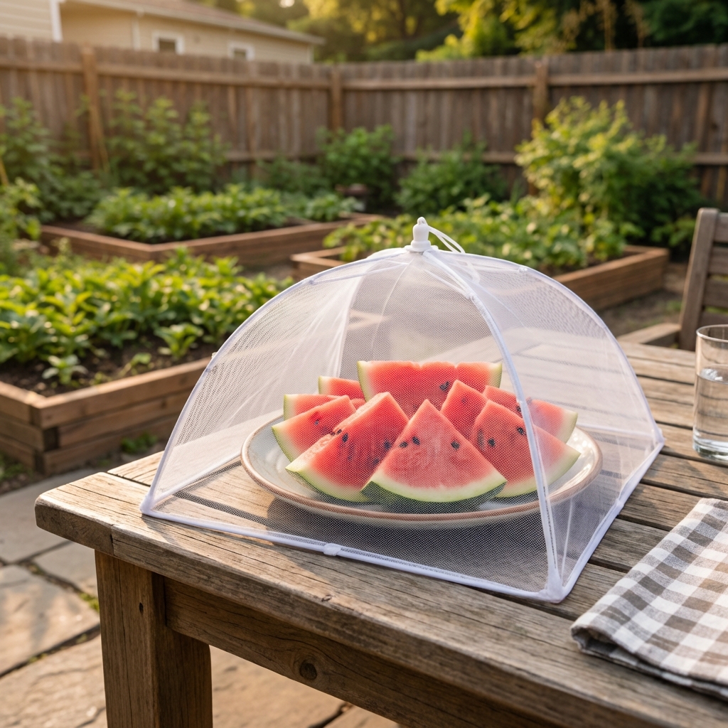 A mesh food cover placed over a plate of sliced watermelon on an outdoor table in a backyard