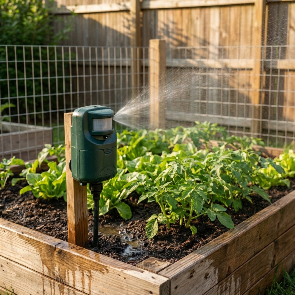 A motion-activated sprinkler installed at the edge of a backyard garden bed