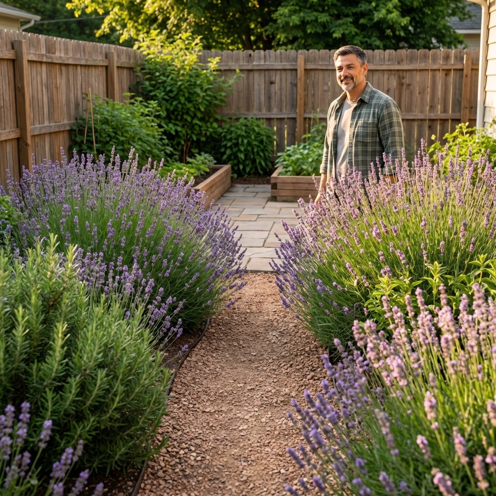 A narrow garden path lined with rosemary and lavender plants beside a backyard patio