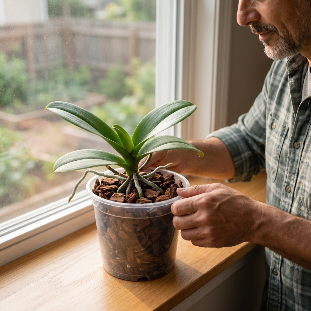 A newly repotted orchid in a clear pot with fresh bark near a bright window with indirect light