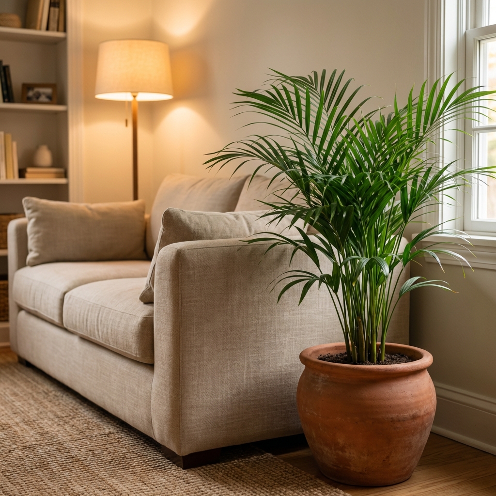 A parlor palm in a clay pot placed beside a sofa in a softly lit living room