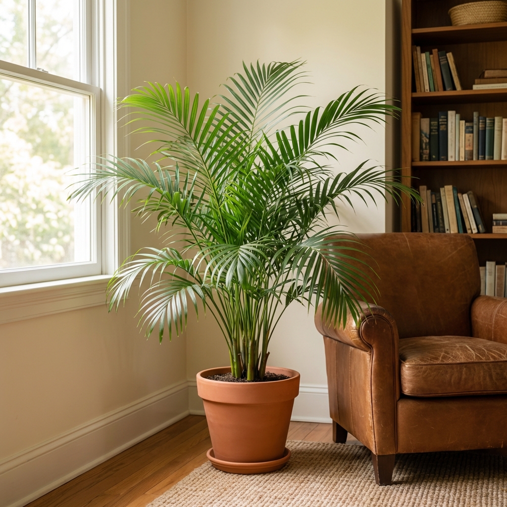 A parlor palm in a living room corner with soft indirect light