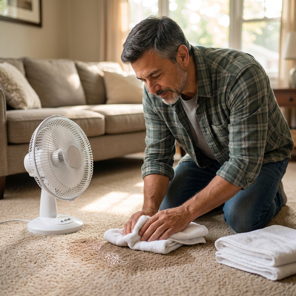 A person blotting a damp spot on beige carpet with white towels while a small fan blows nearby