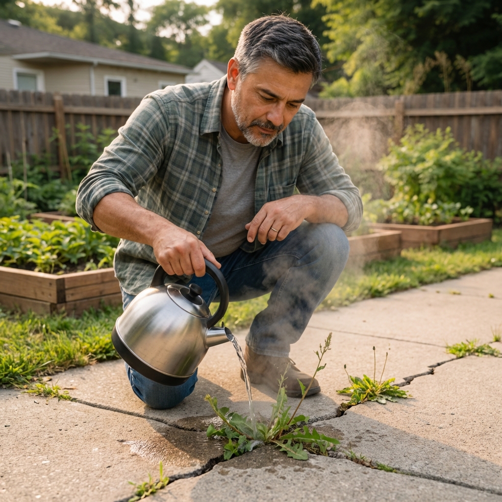 A person carefully pouring boiling water from a kettle onto weeds growing in a concrete sidewalk crack