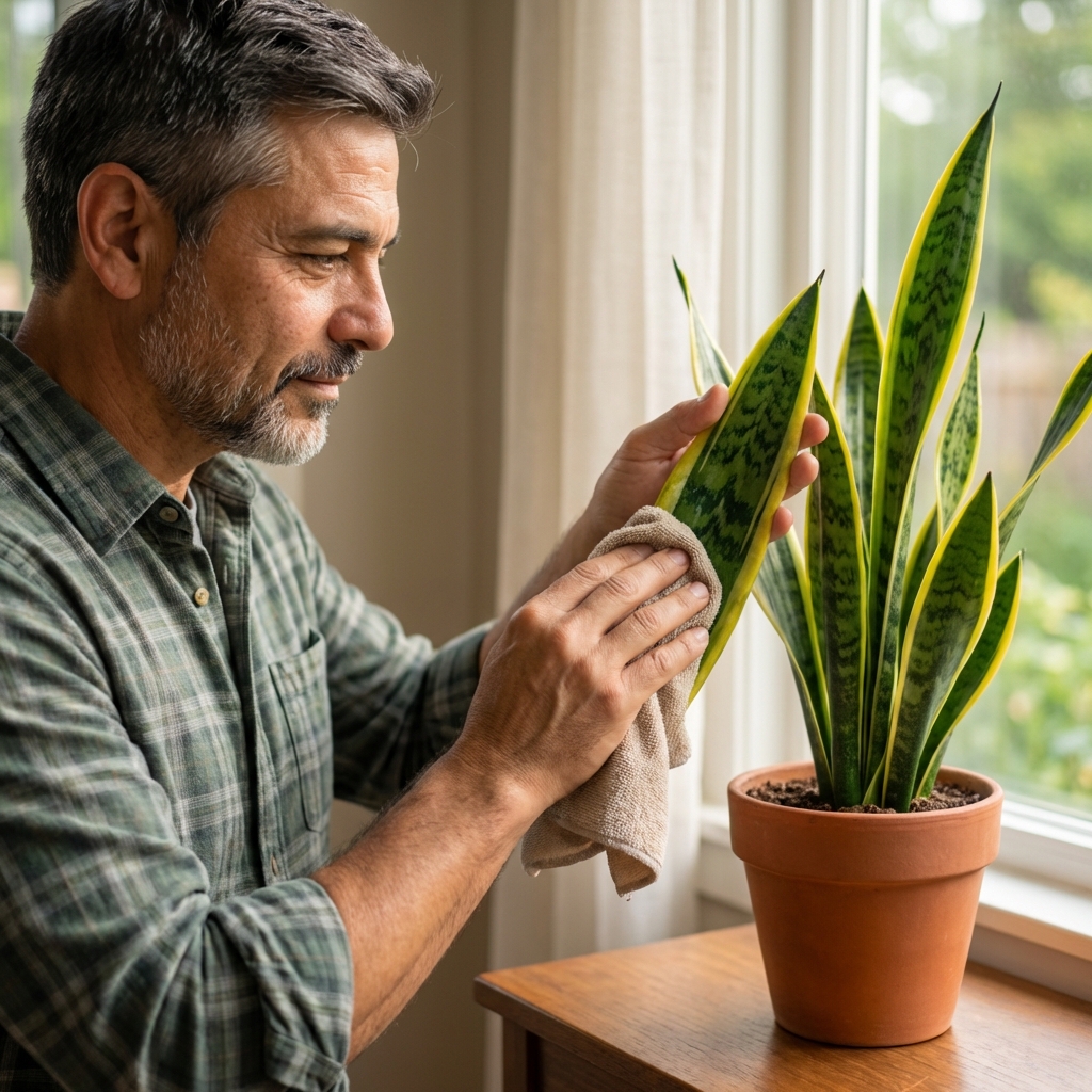 A person gently wiping a single snake plant leaf with a soft damp cloth indoors