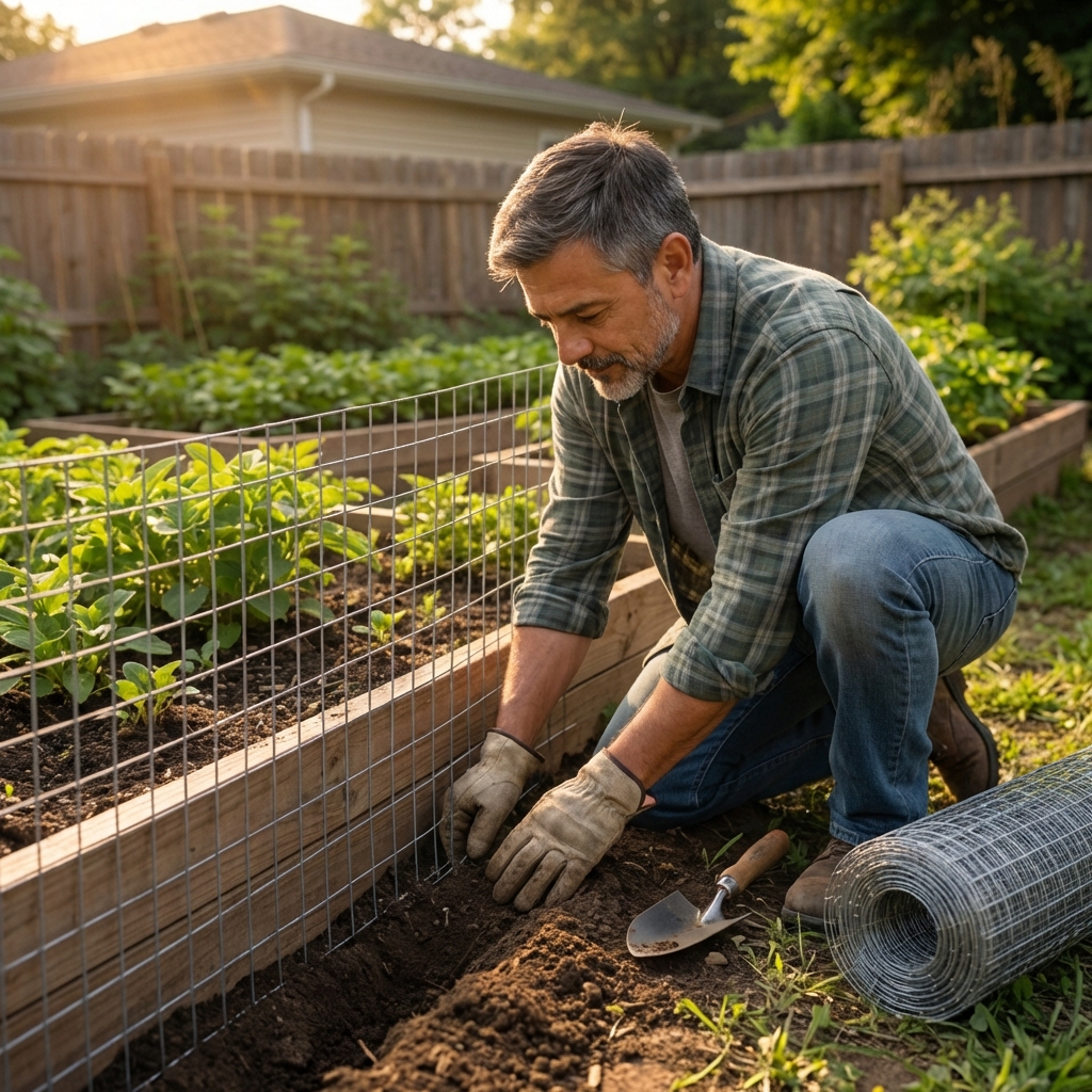 A person installing welded wire fencing around a raised bed garden with the bottom edge partially buried in soil