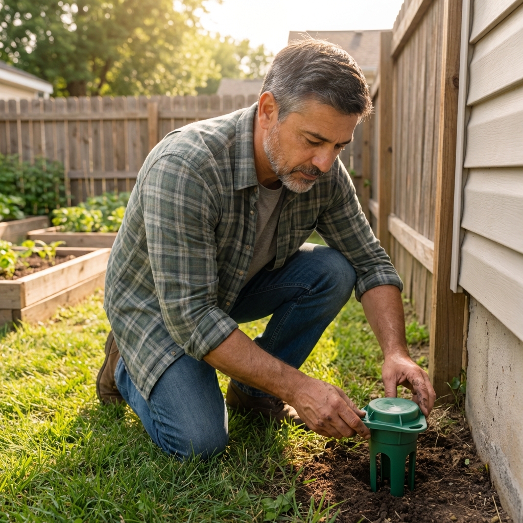 A person kneeling in a yard installing a termite bait station near a home foundation on a clear day