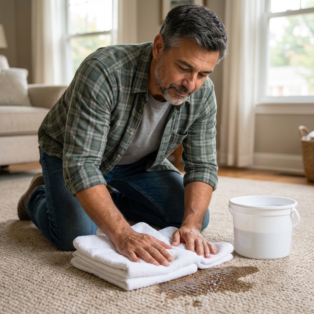 A person kneeling on a carpet blotting a damp spot with clean white towels near a small open bucket