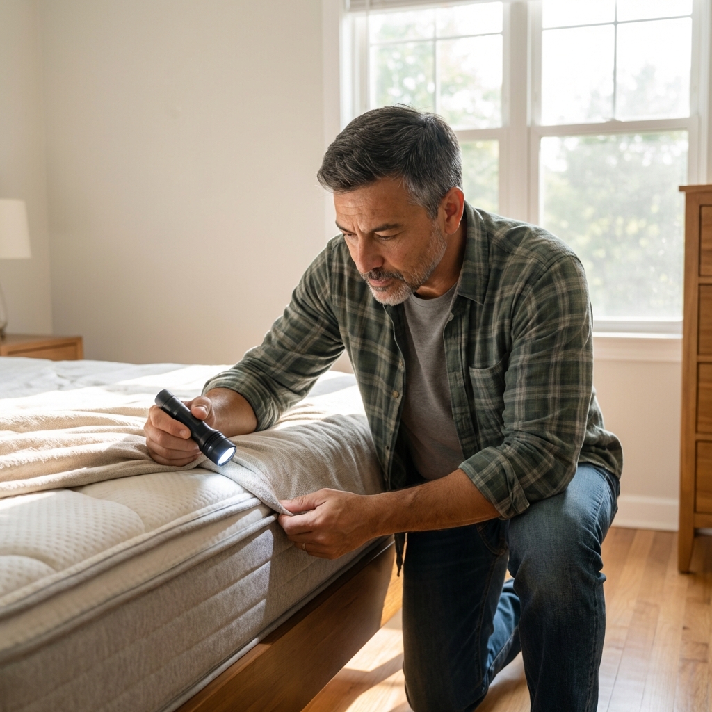 A person lifting a mattress corner in a bright bedroom while inspecting the seam with a small flashlight