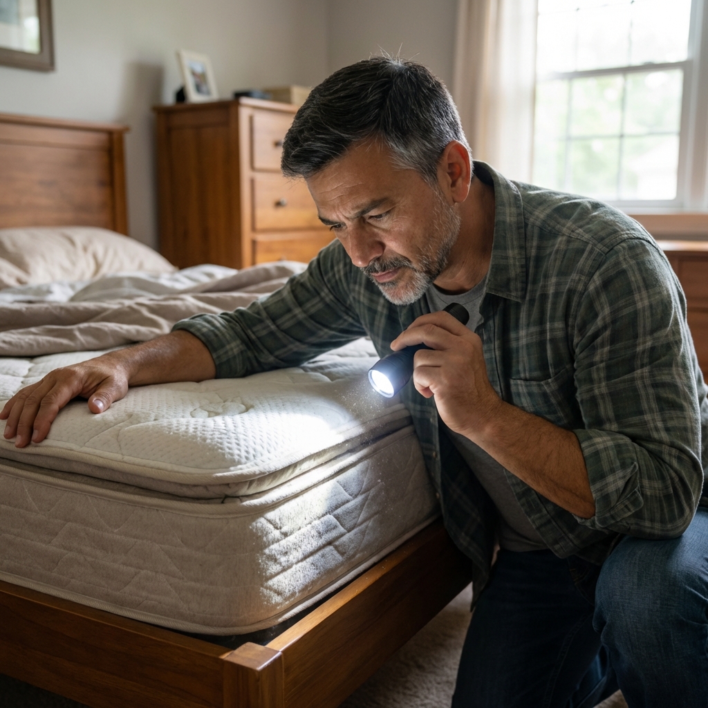 A person lifting a mattress corner with a flashlight while inspecting the mattress seam in a bedroom