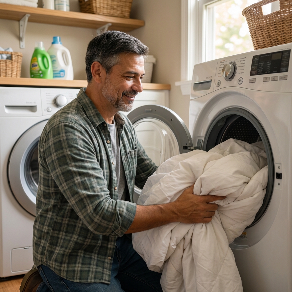 A person loading white bedding into a clothes dryer in a laundry room