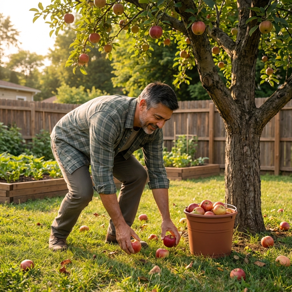A person picking up fallen fruit under a backyard fruit tree near a bucket