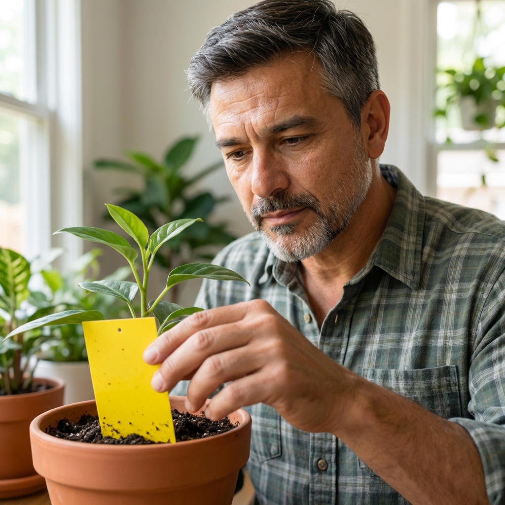 A person placing a yellow sticky trap into the soil of a small indoor houseplant