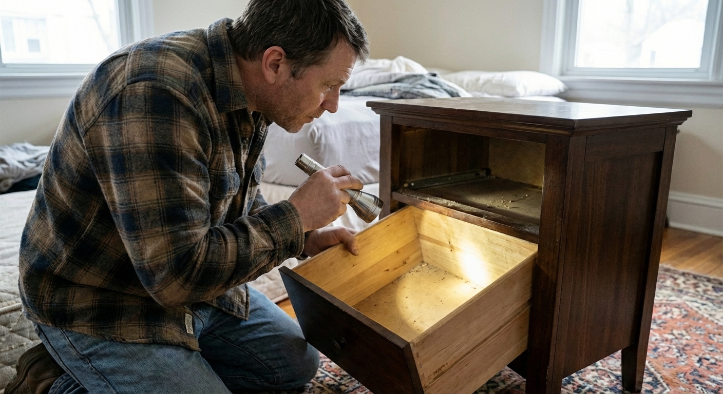A person removing a drawer from a nightstand and inspecting the inside corners with a flashlight