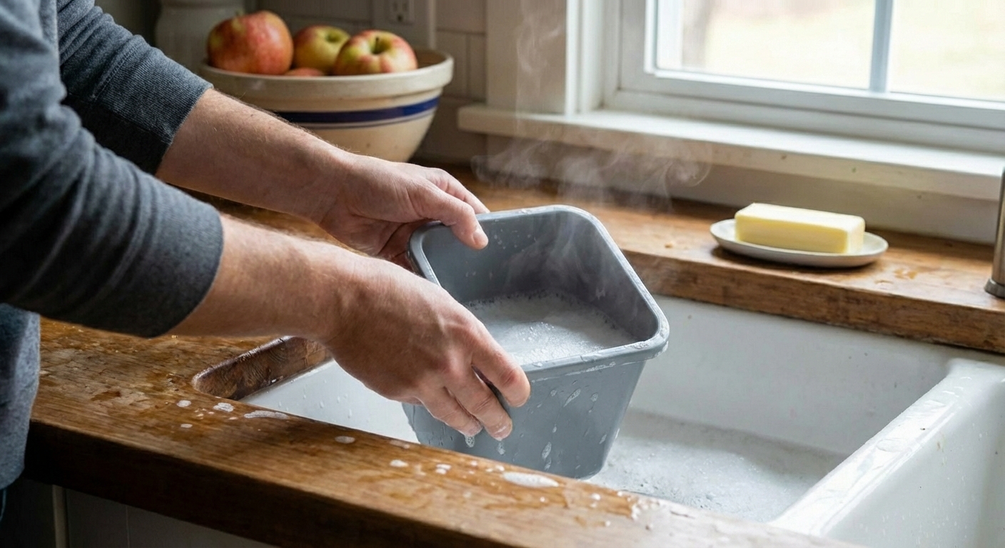 A person rinsing a kitchen recycling bin at a sink with warm soapy water